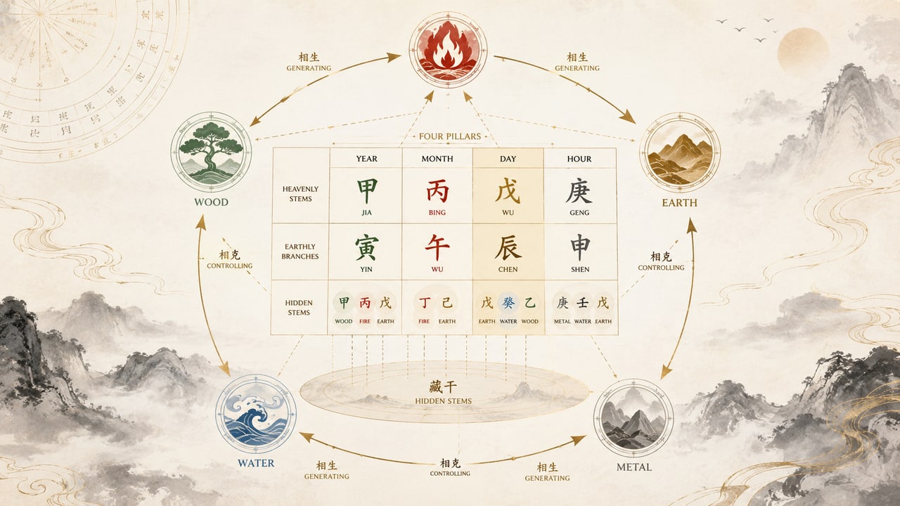 The Five Elements in BaZi: How Wood, Fire, Earth, Metal, and Water Form a Chart